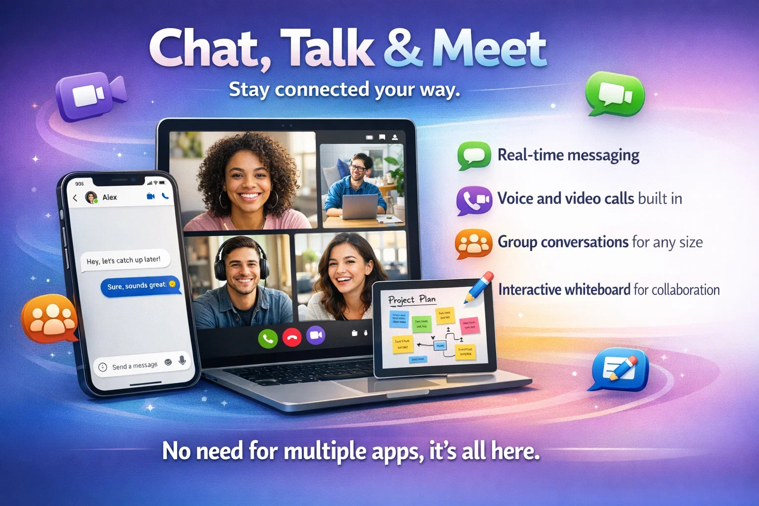 Domestic Iconic Communities illustration showing chat, video, and collaboration features.